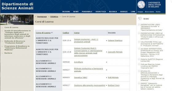 Sito del Dipartimento di Scienze Animali